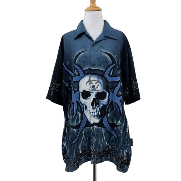 Sapphire Lounge Tribal Skull Shirt Mens L Large Blue Short Sleeve Button Up - Picture 1 of 10